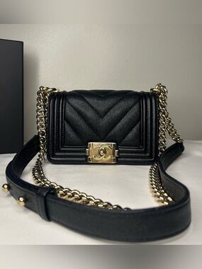 CHANEL Mini Boy Flap Bag Caviar Chevron Quilted Black/Gold
